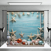 Lofaris Coastal Christmas Photography Backdrop Beach Theme with Starfish and Ornaments Blue Wood Wall Holiday Photo Prop